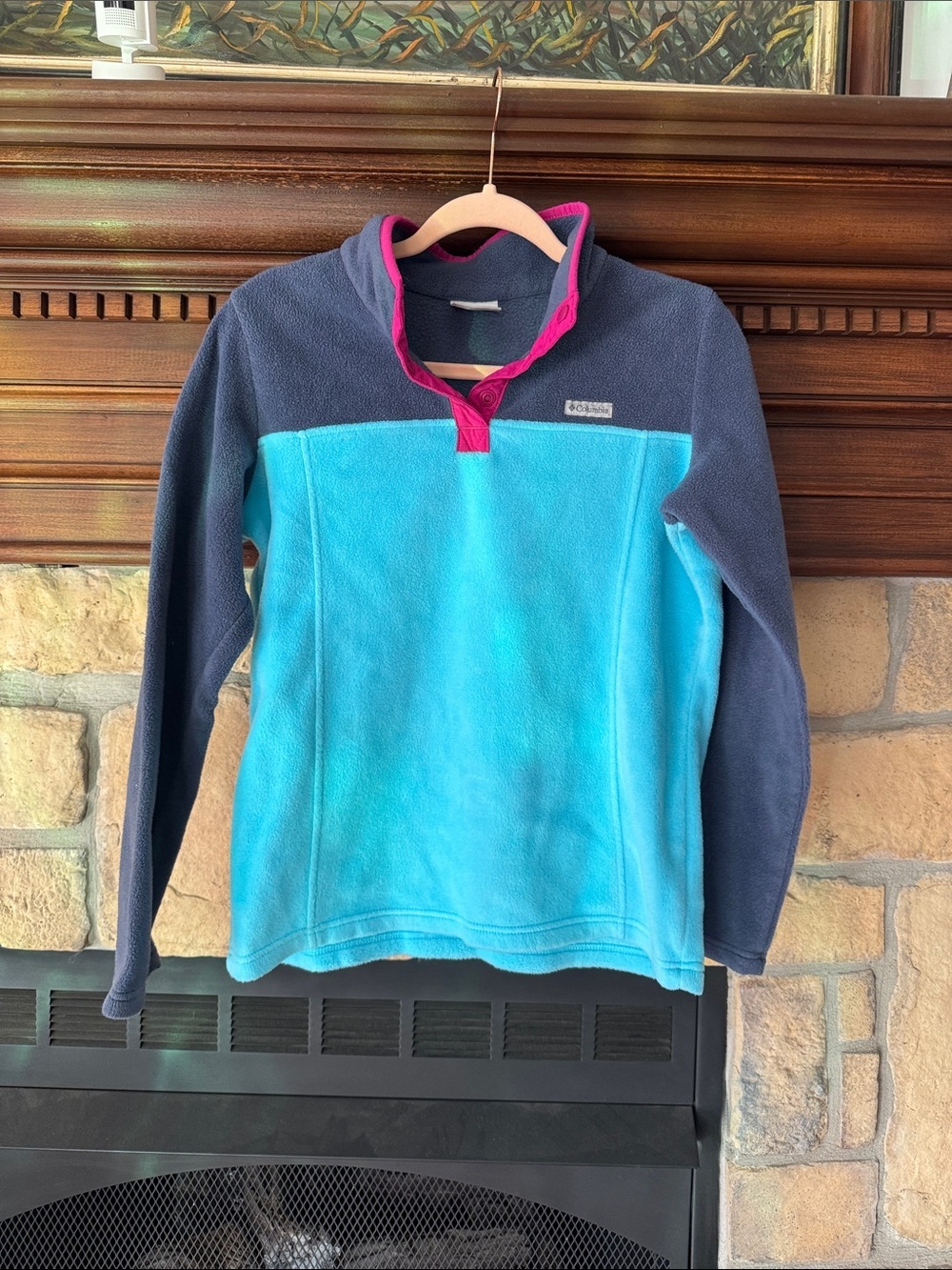 Columbia Two-Tone Fleece Big Girls Pullover - Aqua, Navy & Pink Trim size XL
